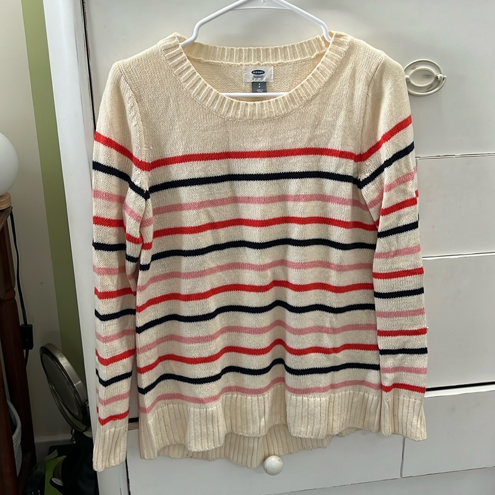 Old Navy cream multi color striped crewneck sweater.